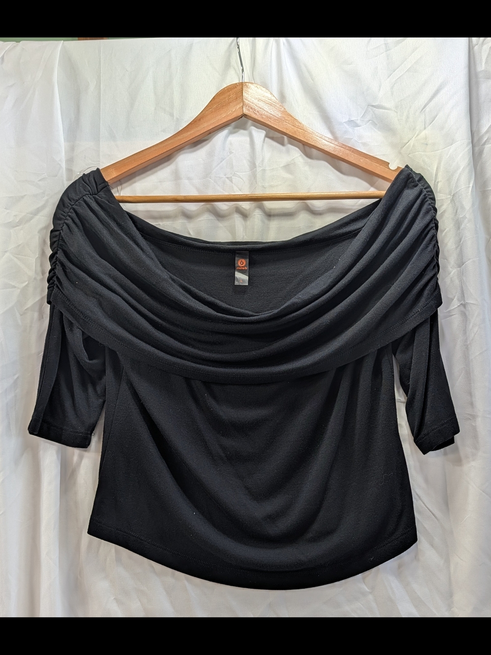 Mono B Black Cropped Off-Shoulder Cowl Neck w/ Ruched Sleeves Women’s Top Size L